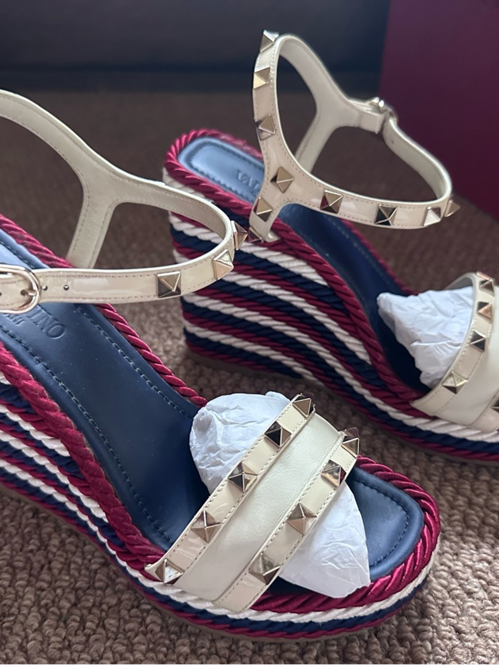 Valentino Cream Studded Wedge Sandals with Navy & Red Rope Platform